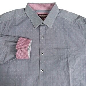 Johnston & Murphy Mens XL Micro Check Flip Cuff Shirt Grey Red Geometric Cotton